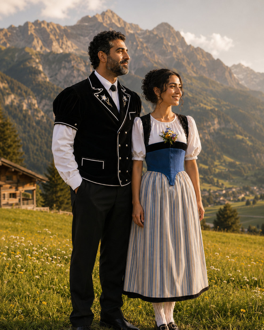 Couple wearing authentic Grindelwald Werktagstracht in an Alpine meadow