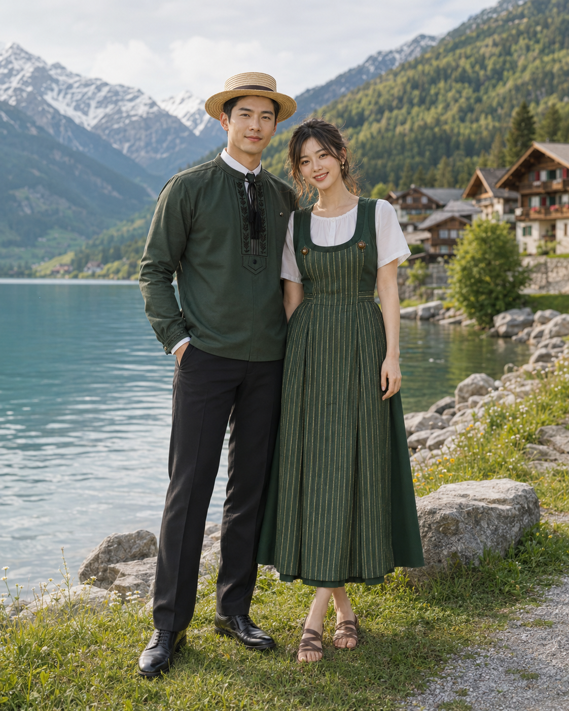 Couple wearing traditional Swiss Landfrauentracht by an Alpine lake with mountain chalets