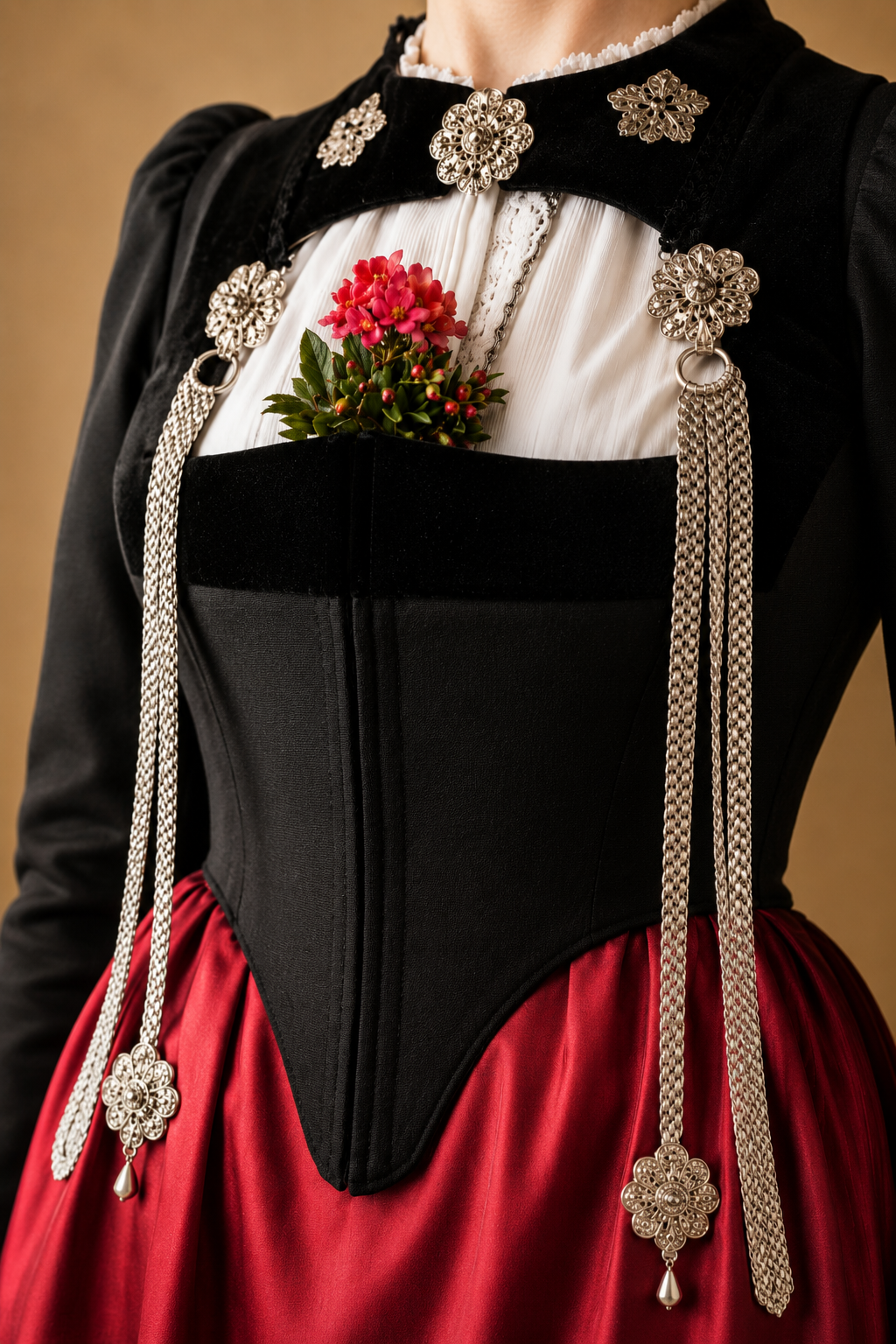 Close-up of Swiss Trachten with silver filigree jewellery and fresh alpine flowers