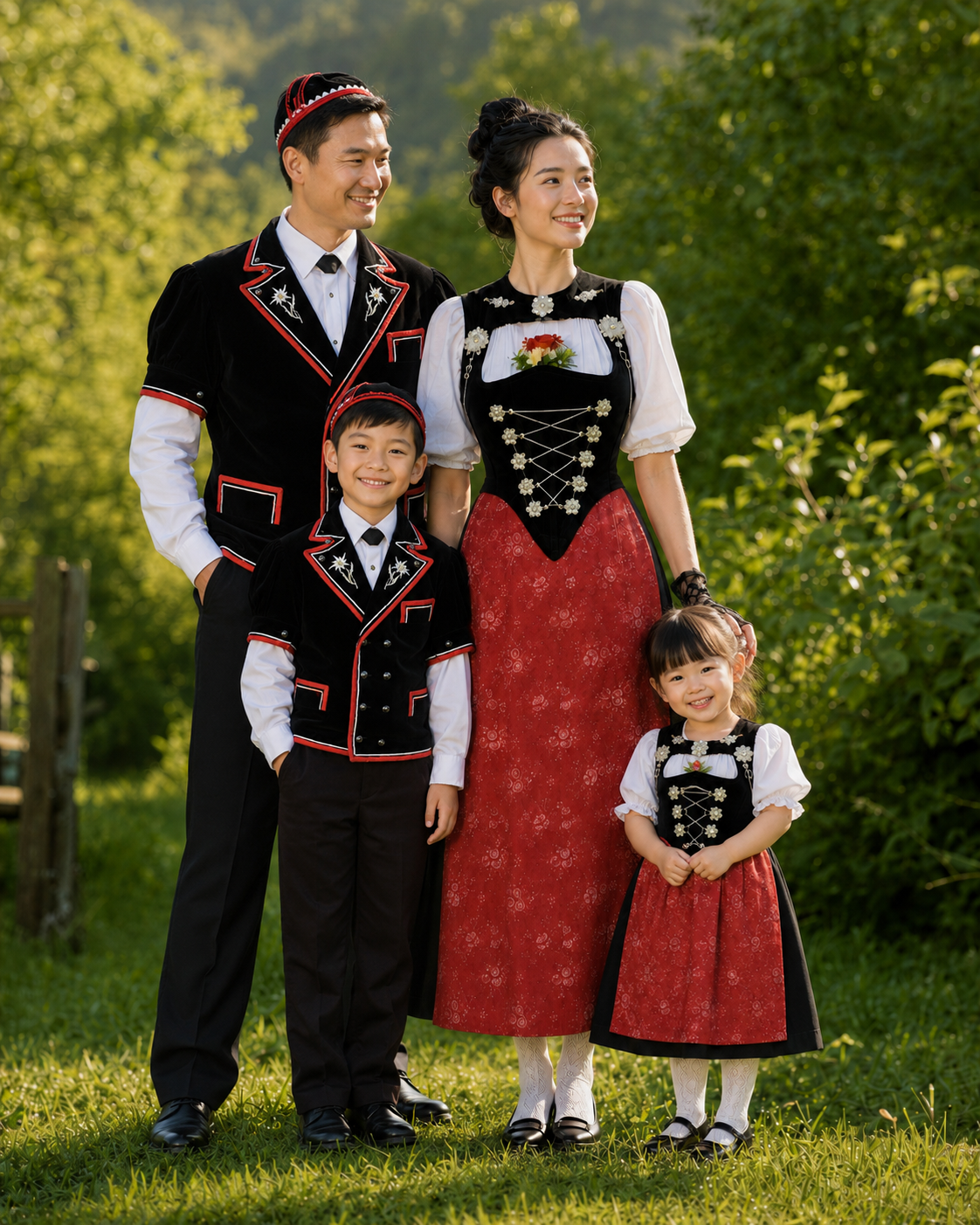 Family wearing festive Swiss Sonntagstracht in a sunlit Alpine meadow