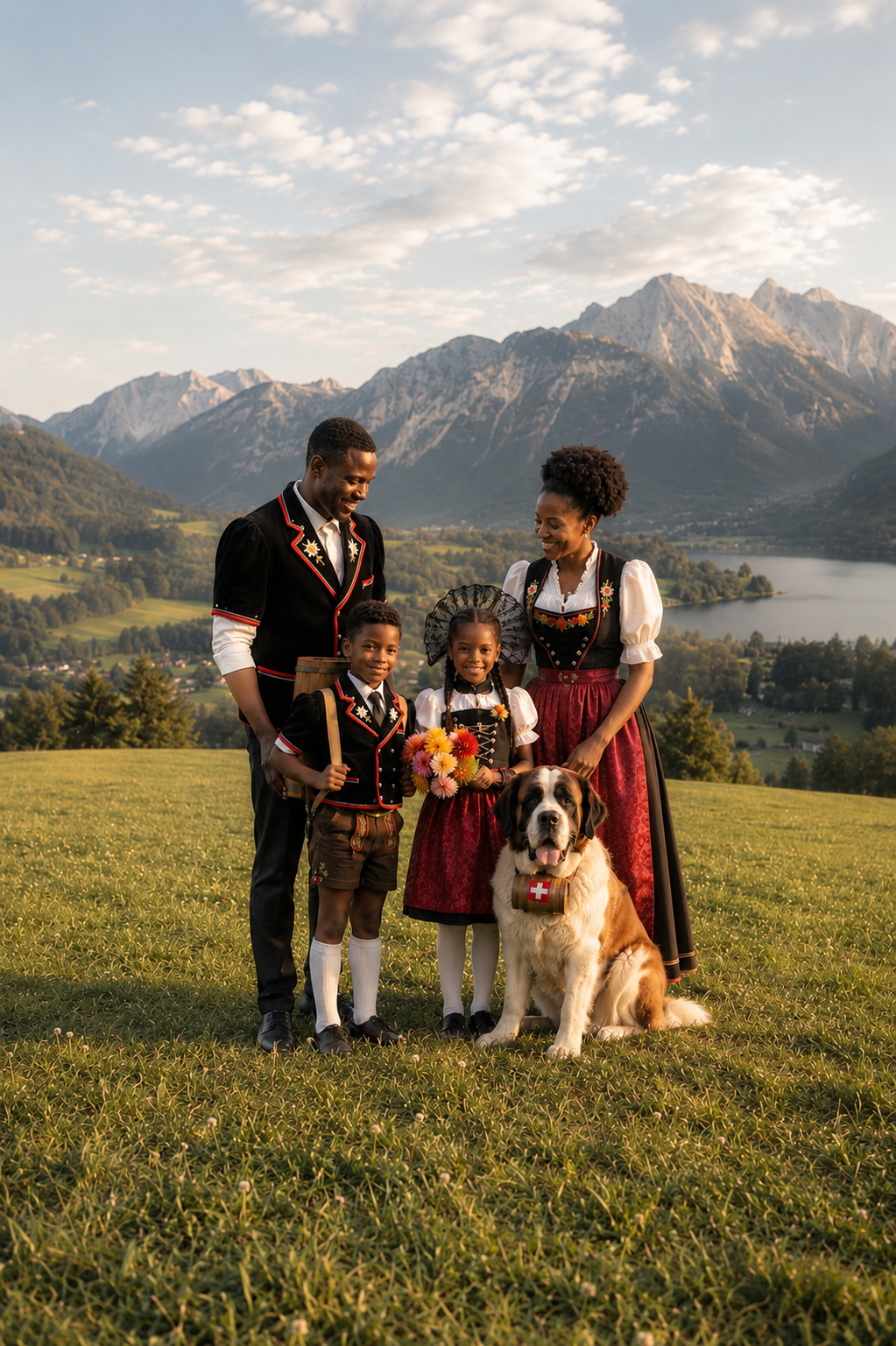Family in Swiss Trachten on alpine meadow with St. Bernard
