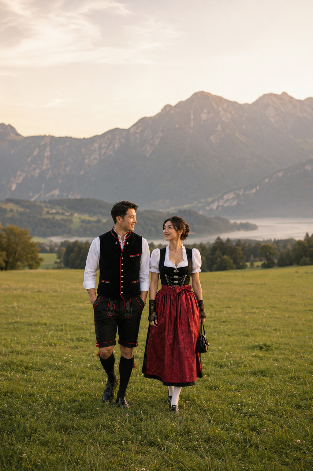 Couple in Swiss Trachten with Alps behind