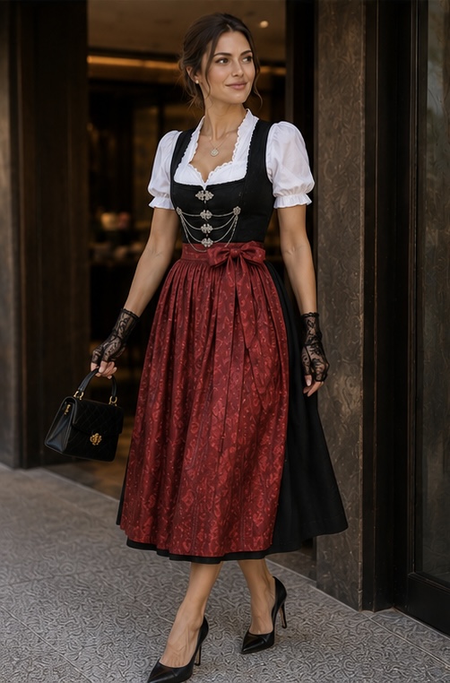 Woman in classic dirndl with red apron