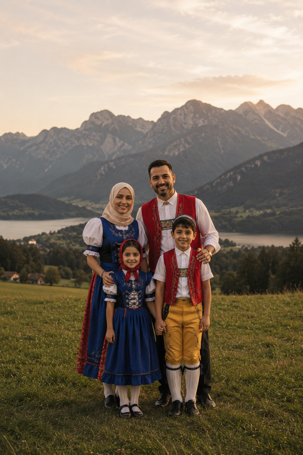 Family in Swiss Trachten with Alps and lake at sunset