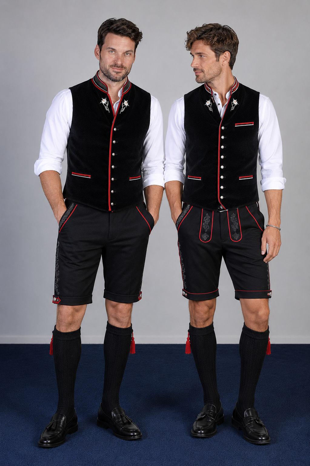 Two men in Swiss vests and lederhosen