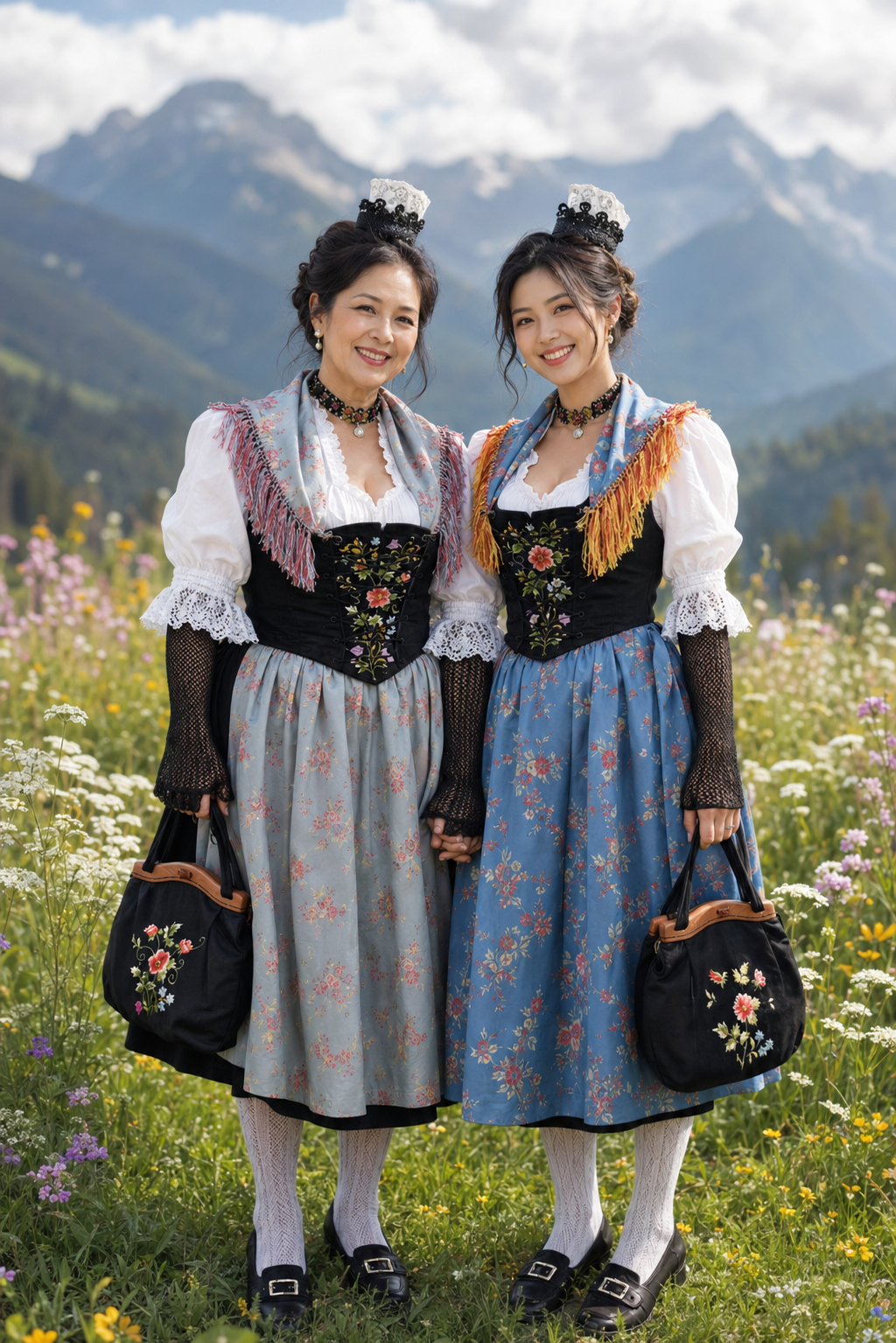 Mother and daughter in Trachten in alpine meadow