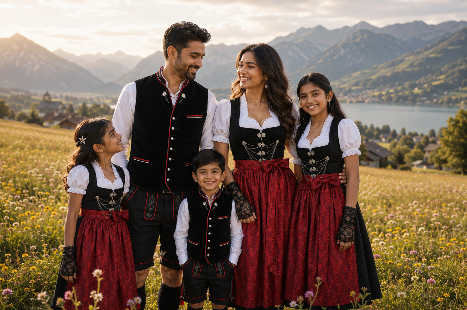 Family in Swiss Trachten with mountain lake
