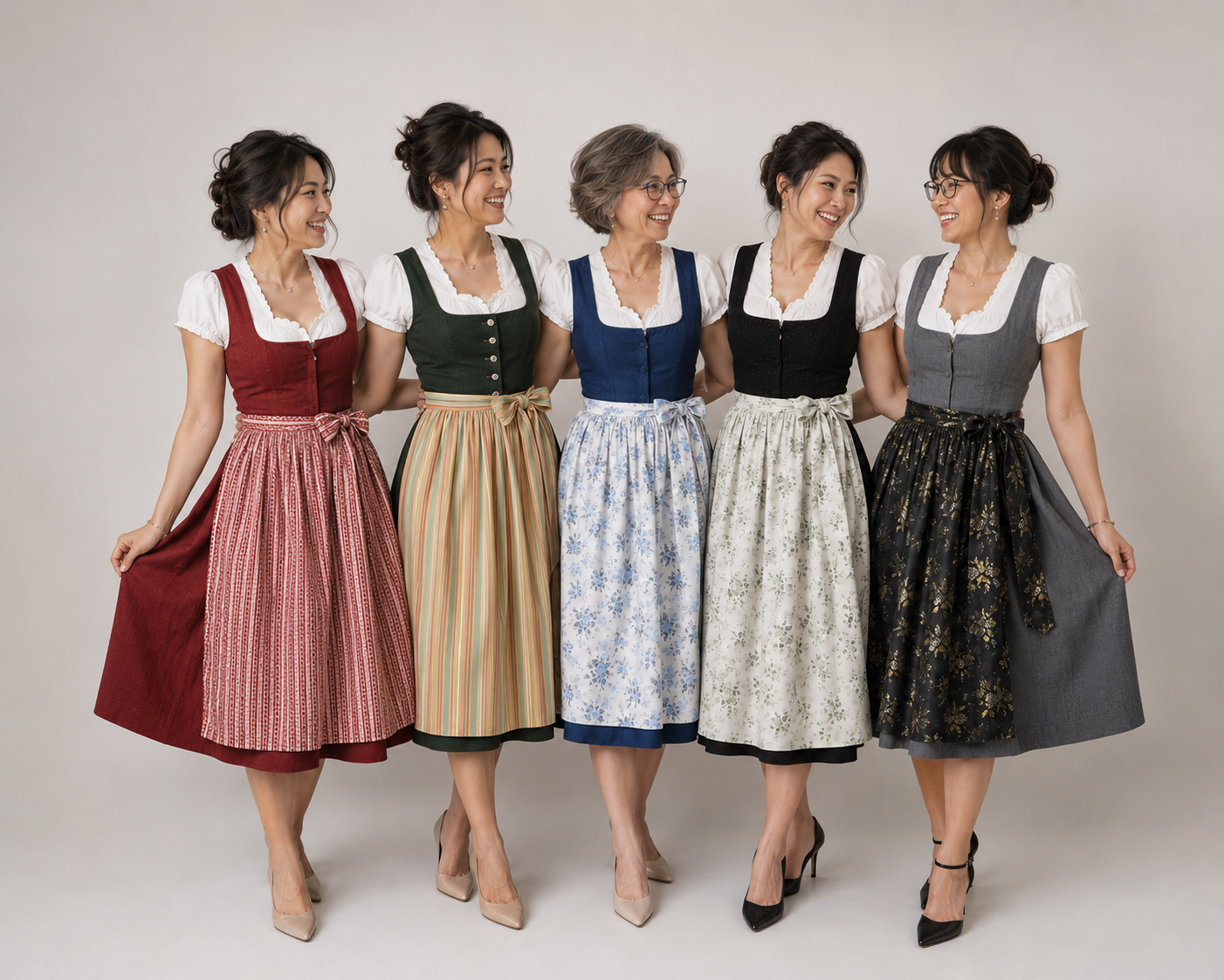 Five women in a range of dirndl styles and colours