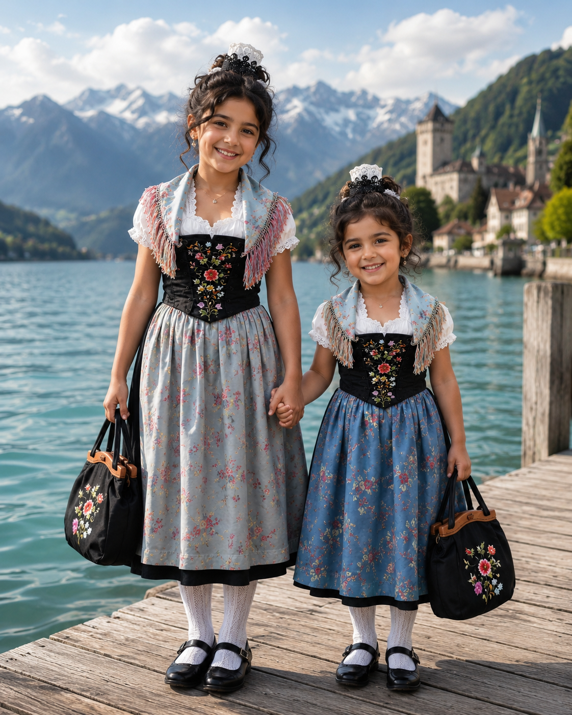 Two girls in Trachten on a pier by a Swiss lake