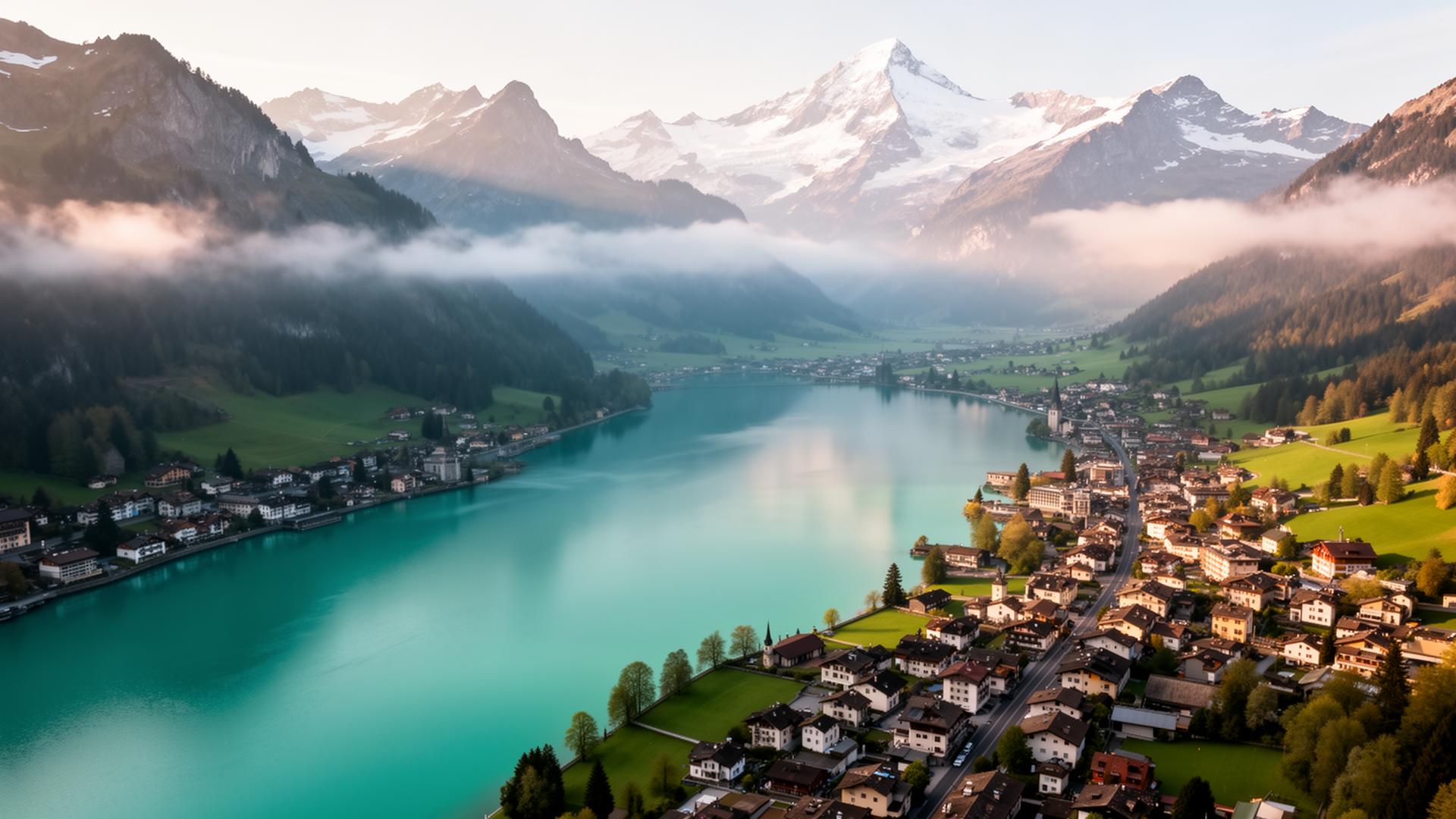 Aerial view of Interlaken between two lakes